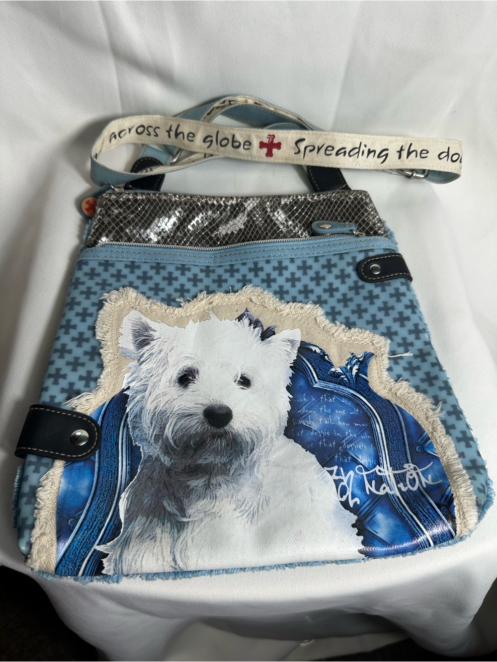 Vintage Y2K Fuzzy Nation Westie Dog Crossbody Bag Blue West highland terrier